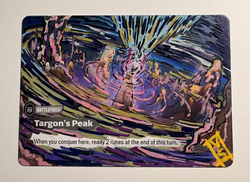Il battlefield Targon’s Peak ridipinto a mano da Rekla, viola e oro