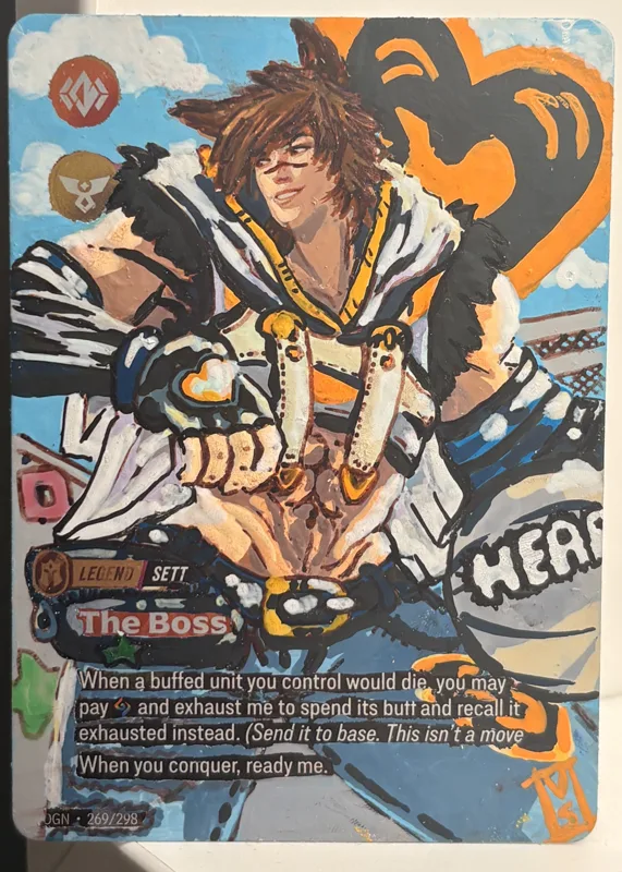 La carta Sett, The Boss con l’illustrazione ridipinta a mano da Rekla, un cuore arancione alle spalle